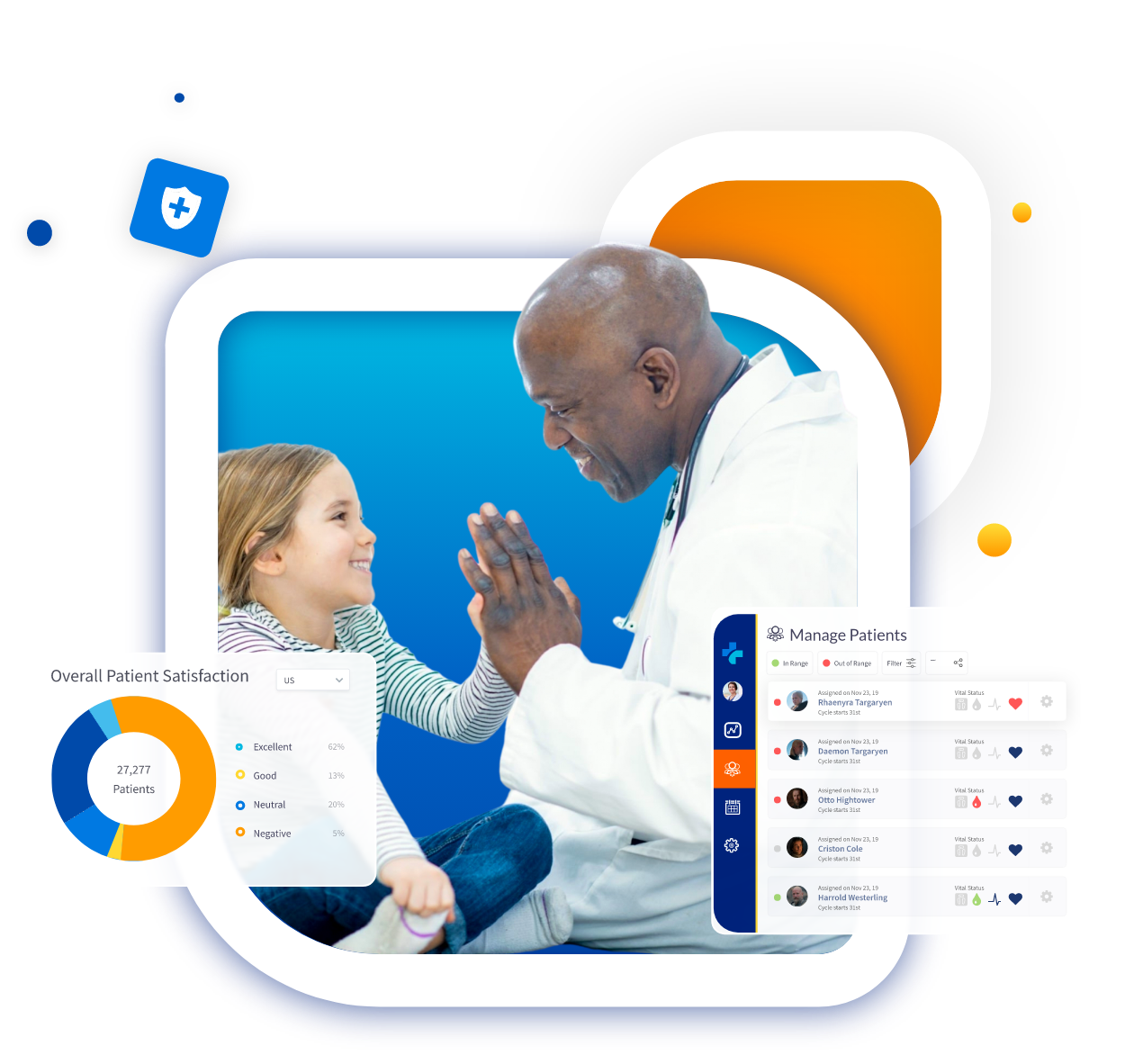 A doctor accommodating a child patient, floating windows of healthcare dashboards