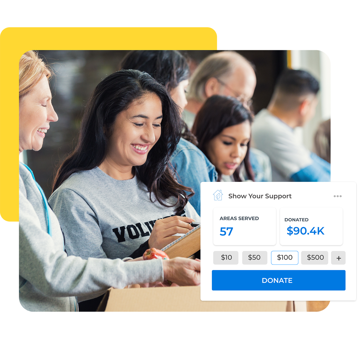 Volunteers and a donation app interface